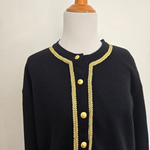 Vintage Talbots Wool Cardigan Sweater Black Gold Trim Holiday Women Large - Picture 4 of 11